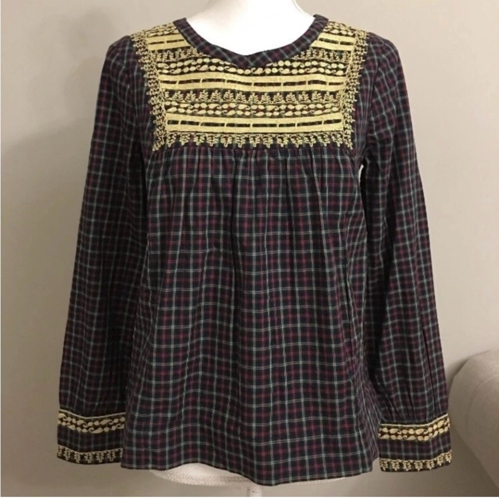 J Crew Embroidered Plaid Peasant Top with Embroidered Details